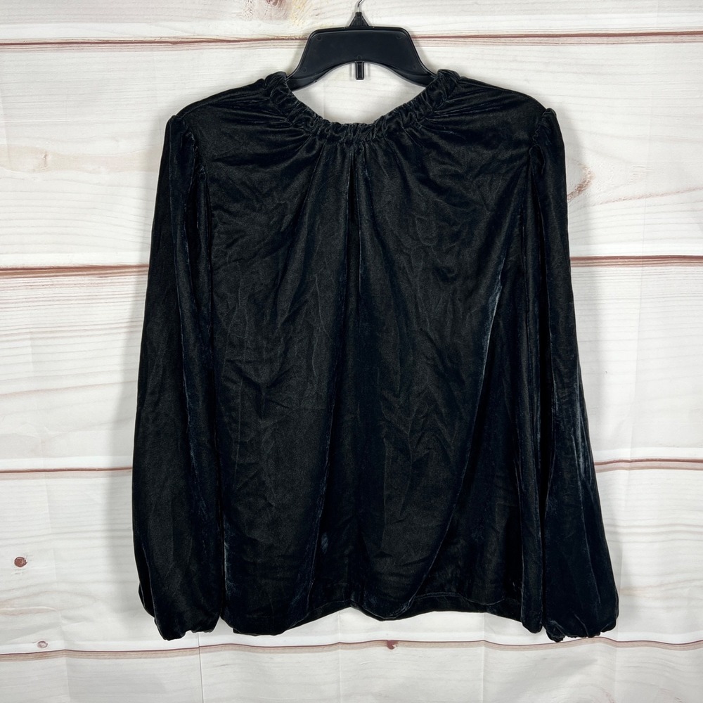 Ann Taylor Top Womens Large Black Velvet Blouse Tie Neck Long Sleeve Pullover